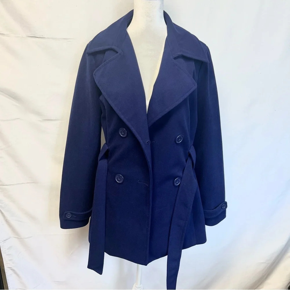 JOUJOU Double Breasted Navy Blue Belted Wool Trench Coat with Lining Size Large - Picture 3 of 16